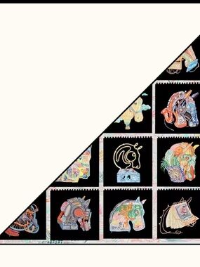 Silk Scarf Panel with Colorful Animal Motifs - Black & Cream